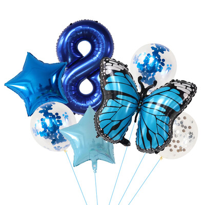 7 vnt. Blue Butterfly skaitmeninių balionų rinkinys, 30 colių numerio lankas, oro globos berniukų, mergaičių gimtadienio vakarėliui, namų dekoravimui vaikams žaislai, dovanos