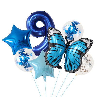 7 vnt. Blue Butterfly skaitmeninių balionų rinkinys, 30 colių numerio lankas, oro globos berniukų, mergaičių gimtadienio vakarėliui, namų dekoravimui vaikams žaislai, dovanos