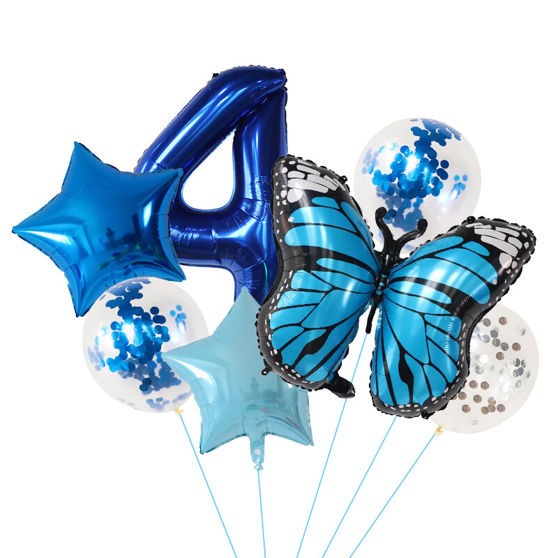 7 vnt. Blue Butterfly skaitmeninių balionų rinkinys, 30 colių numerio lankas, oro globos berniukų, mergaičių gimtadienio vakarėliui, namų dekoravimui vaikams žaislai, dovanos