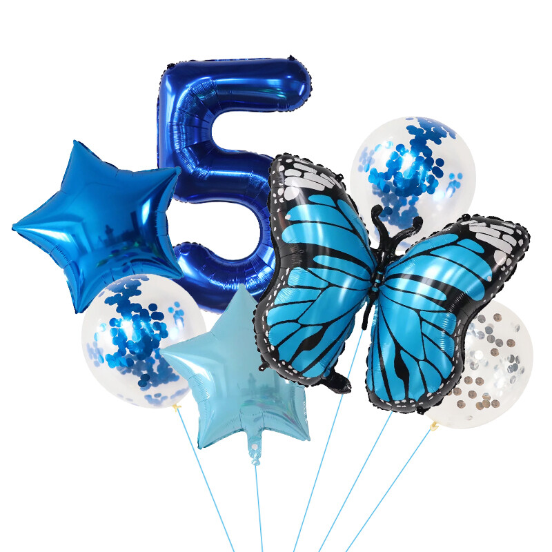 7 vnt. Blue Butterfly skaitmeninių balionų rinkinys, 30 colių numerio lankas, oro globos berniukų, mergaičių gimtadienio vakarėliui, namų dekoravimui vaikams žaislai, dovanos