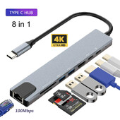 Stație de andocare USB C 8 în 1 Hub Type-C Thunderbolt3 la 4K UHD Cititor de carduri TF/SD USB 2.0 100M RJ45 Ethernet PD Splitter de încărcare