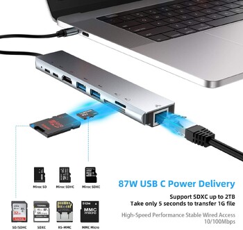 8in1 USB C докинг станция Hub Type-C Thunderbolt3 към 4K UHD TF/SD четец на карти USB 2.0 100M RJ45 Ethernet PD сплитер за зареждане