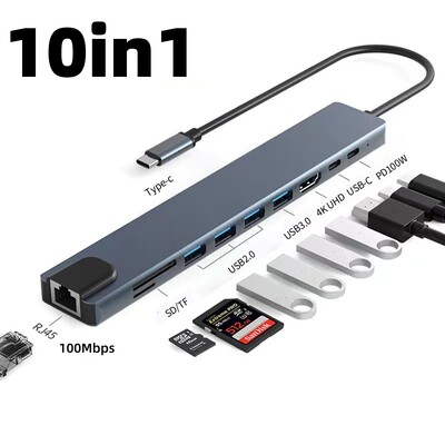 Stație de andocare USB C 8 în 1 Hub Type-C Thunderbolt3 la 4K UHD Cititor de carduri TF/SD USB 2.0 100M RJ45 Ethernet PD Splitter de încărcare