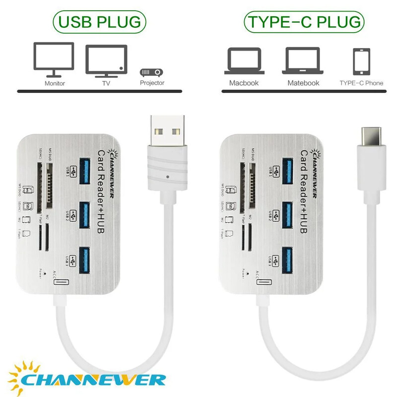 Čítačka kariet STONEGO 7 v 1 s 3 portami USB 3.0, vstavanými slotmi pre karty MS, Micro SD, SD/MMC, M2, TF, adaptérom z ABS hliníkovej zliatiny