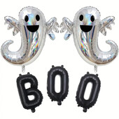 Strieborný laserový balón s písmenom Ghost BOO, 5-dielna sada hliníkových fóliových balónov s témou duchov na Halloween