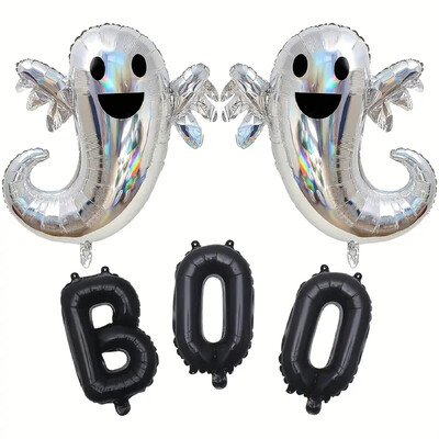 Ezüst Laser Ghost BOO Letter alumínium film léggömb 5 részes Halloween Ghost témájú parti dekoráció