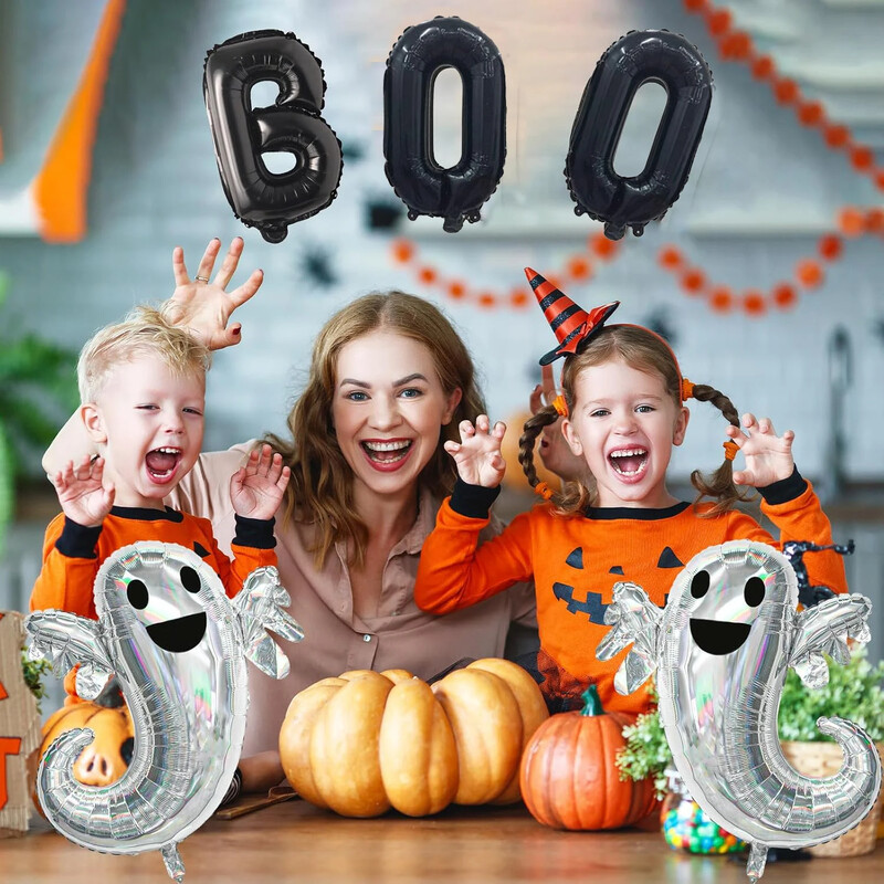 Strieborný laserový balón s písmenom Ghost BOO, 5-dielna sada hliníkových fóliových balónov s témou duchov na Halloween