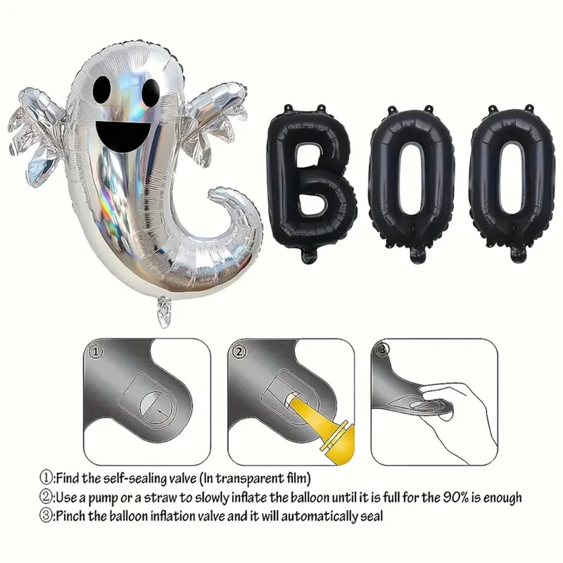 Strieborný laserový balón s písmenom Ghost BOO, 5-dielna sada hliníkových fóliových balónov s témou duchov na Halloween