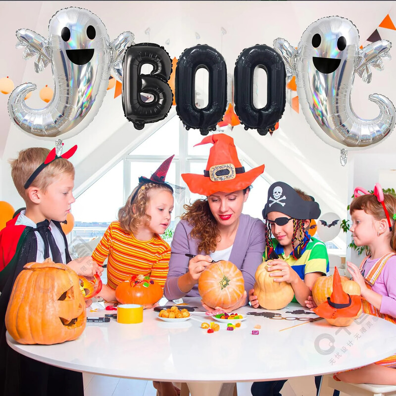 Strieborný laserový balón s písmenom Ghost BOO, 5-dielna sada hliníkových fóliových balónov s témou duchov na Halloween