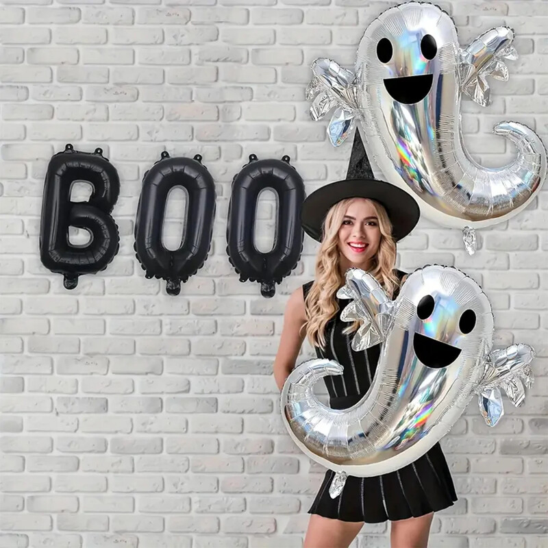 Strieborný laserový balón s písmenom Ghost BOO, 5-dielna sada hliníkových fóliových balónov s témou duchov na Halloween