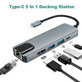 USB C 5u1 priključna stanica Hub Type-C Thunderbolt3 na 4K HD zaslon USB 3.0 100 Mbps Ethernet RJ45 LAN PD razdjelnik priključka za punjenje