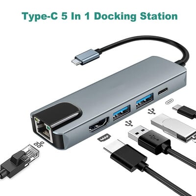 USB C 5in1 докинг станция Hub Type-C Thunderbolt3 към 4K HD дисплей USB 3.0 100Mbps Ethernet RJ45 LAN PD порт за зареждане Сплитер