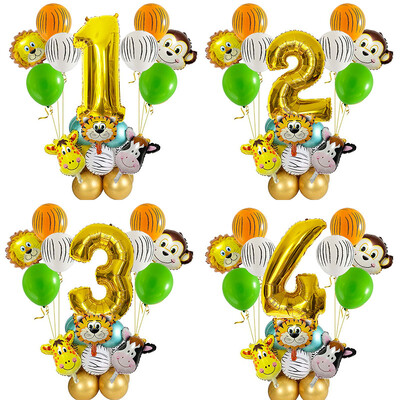 29 бр. Jungle Safari Animal Balloons Set Chrome Metallic Latex Balloon 32 inch Gold Number Globos Детска украса за рожден ден