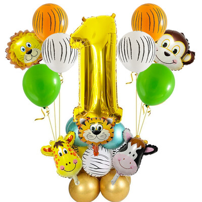 29 vnt. Jungle Safari gyvūnų balionų rinkinys Chromo metalo latekso balionas, 32 colių auksinis numeris Globos Vaikų gimtadienio šventės dekoravimas