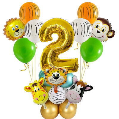 29 vnt. Jungle Safari gyvūnų balionų rinkinys Chromo metalo latekso balionas, 32 colių auksinis numeris Globos Vaikų gimtadienio šventės dekoravimas