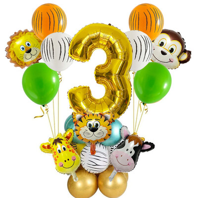 29 vnt. Jungle Safari gyvūnų balionų rinkinys Chromo metalo latekso balionas, 32 colių auksinis numeris Globos Vaikų gimtadienio šventės dekoravimas