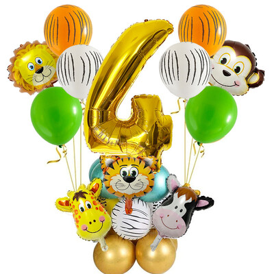 29 vnt. Jungle Safari gyvūnų balionų rinkinys Chromo metalo latekso balionas, 32 colių auksinis numeris Globos Vaikų gimtadienio šventės dekoravimas