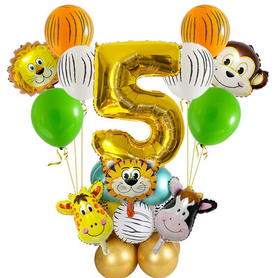 29 vnt. Jungle Safari gyvūnų balionų rinkinys Chromo metalo latekso balionas, 32 colių auksinis numeris Globos Vaikų gimtadienio šventės dekoravimas