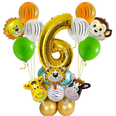 29 vnt. Jungle Safari gyvūnų balionų rinkinys Chromo metalo latekso balionas, 32 colių auksinis numeris Globos Vaikų gimtadienio šventės dekoravimas