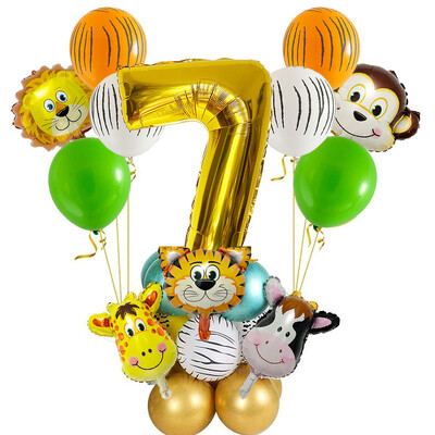 29 vnt. Jungle Safari gyvūnų balionų rinkinys Chromo metalo latekso balionas, 32 colių auksinis numeris Globos Vaikų gimtadienio šventės dekoravimas