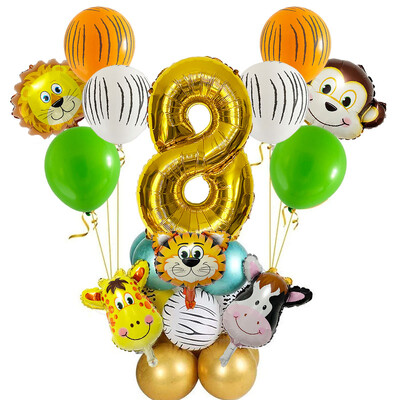 29 vnt. Jungle Safari gyvūnų balionų rinkinys Chromo metalo latekso balionas, 32 colių auksinis numeris Globos Vaikų gimtadienio šventės dekoravimas