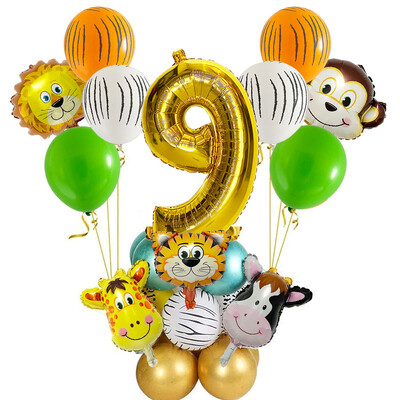 29 vnt. Jungle Safari gyvūnų balionų rinkinys Chromo metalo latekso balionas, 32 colių auksinis numeris Globos Vaikų gimtadienio šventės dekoravimas