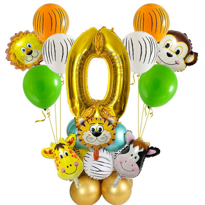 29 vnt. Jungle Safari gyvūnų balionų rinkinys Chromo metalo latekso balionas, 32 colių auksinis numeris Globos Vaikų gimtadienio šventės dekoravimas