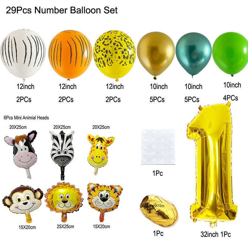29 vnt. Jungle Safari gyvūnų balionų rinkinys Chromo metalo latekso balionas, 32 colių auksinis numeris Globos Vaikų gimtadienio šventės dekoravimas