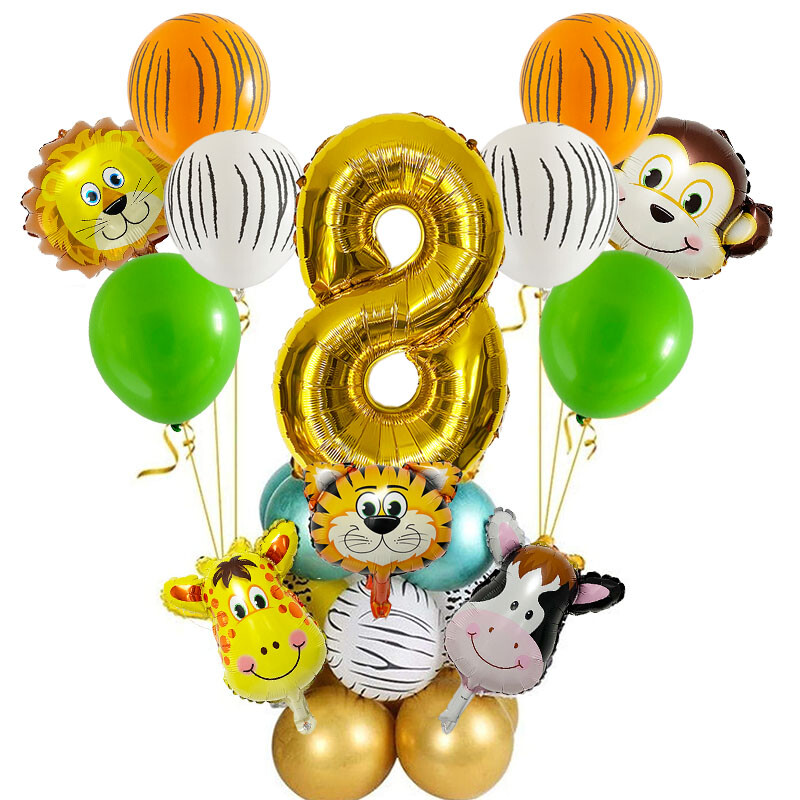 29 vnt. Jungle Safari gyvūnų balionų rinkinys Chromo metalo latekso balionas, 32 colių auksinis numeris Globos Vaikų gimtadienio šventės dekoravimas
