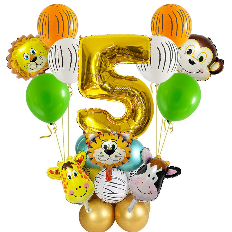 29 vnt. Jungle Safari gyvūnų balionų rinkinys Chromo metalo latekso balionas, 32 colių auksinis numeris Globos Vaikų gimtadienio šventės dekoravimas