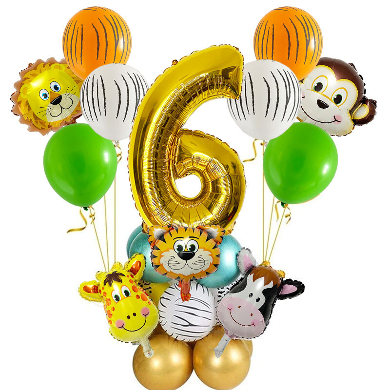 29 vnt. Jungle Safari gyvūnų balionų rinkinys Chromo metalo latekso balionas, 32 colių auksinis numeris Globos Vaikų gimtadienio šventės dekoravimas