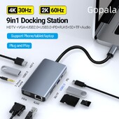 Stație de andocare USB C Gopala 9 porturi cu HDMI, VGA, 2 USB, 100 W PD, Ethernet, 3,5 MM pentru MacBook M1 M2 M3/Dell/HP/Lenovo