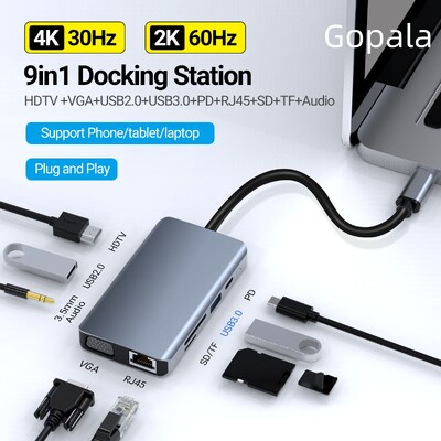 Gopala 9 portos USB C dokkolóállomás HDMI-vel, VGA, 2 USB, 100 W PD, Ethernet, 3,5 mm MacBook M1 M2 M3/Dell/HP/Lenovo rendszerhez