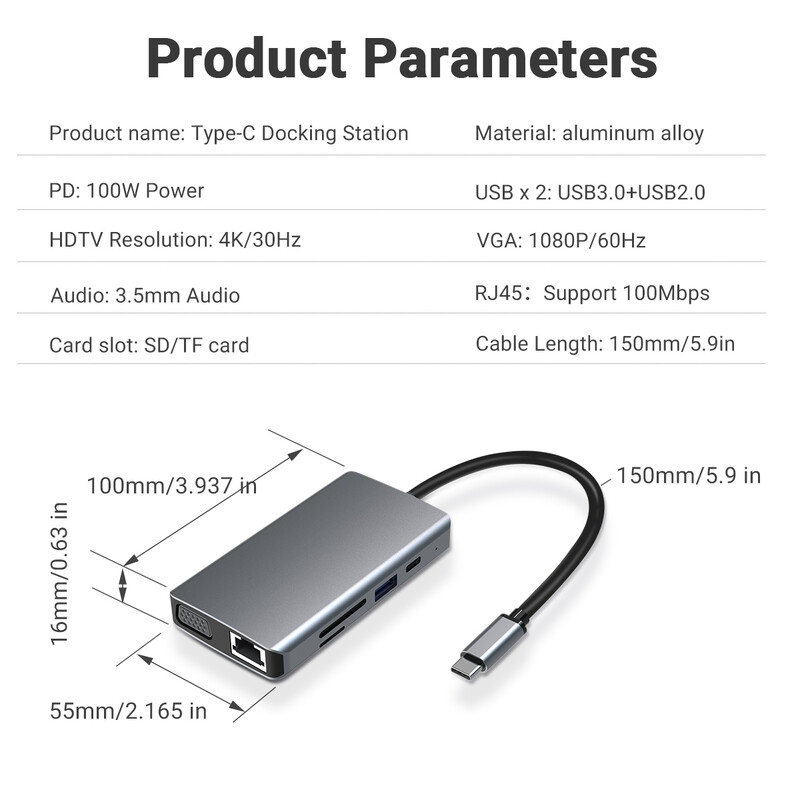 Stație de andocare USB C Gopala 9 porturi cu HDMI, VGA, 2 USB, 100 W PD, Ethernet, 3,5 MM pentru MacBook M1 M2 M3/Dell/HP/Lenovo