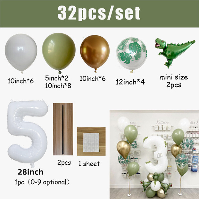 Set de baloane pentru ziua de naștere, 32 buc. Număr alb de 30 inch, cu dinozaur, junglă, pentru petrecerea de la mulți ani, decorație pentru baby shower, Jurassic World