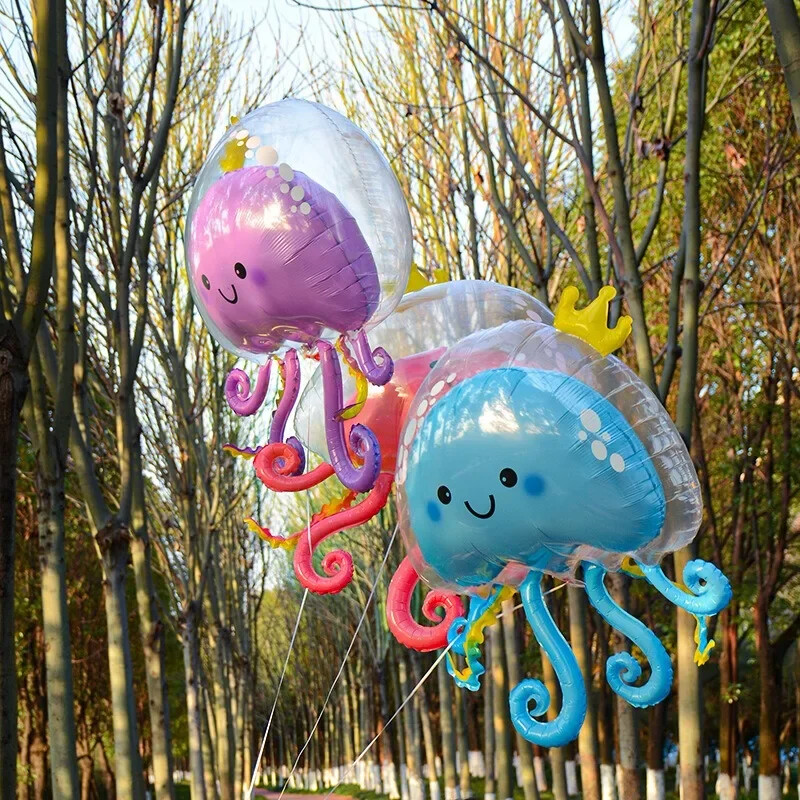 Kreslený balón s medúzou Oceánske zvieratá Balóny Deti pod morom Narodeninová oslava Šťastné dievča Párty s morskou pannou Medúzové balóny