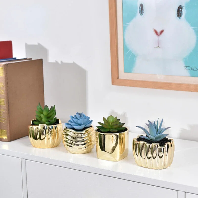 Ghiveci de flori suculente din ceramică aurie galvanizată, decor pentru acasă, ghivece horticole, ghivece creative de masă, ustensile florale