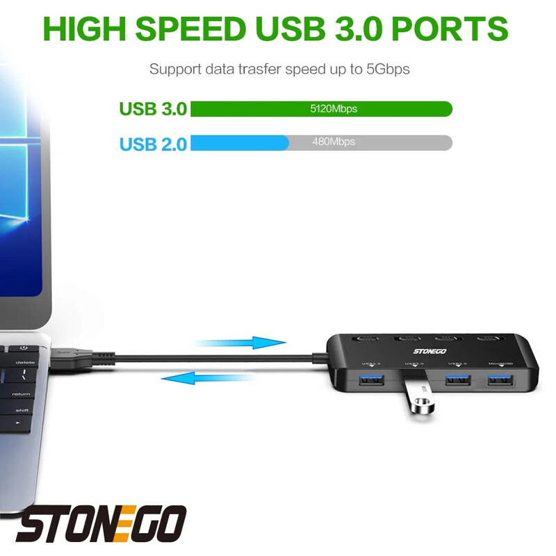 STONEGO Ultra Slim USB 3.0 hub, 4 portos USB3.0 elosztó, nagy sebességű USB adatbővítő adapter