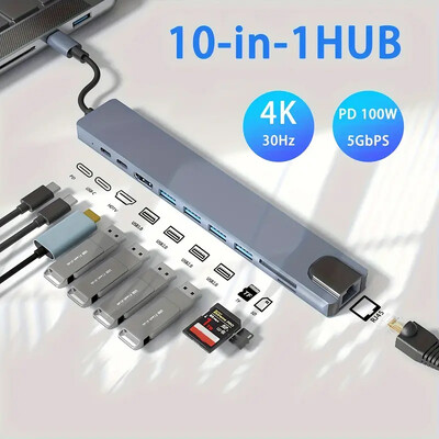 USB C jaotur 4K 30 Hz C-tüüpi HDTV-ga ühilduv USB 3.0 adapter 10-ühes C-tüüpi jaoturi dokkimisjaam PD 100 W USB C jaotur MacBoo jaoks