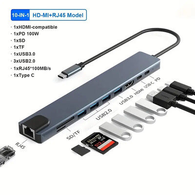 USB C šakotuvas 4K 30 Hz C tipo su HDTV suderinamas su USB 3.0 adapteris 10 viename C tipo šakotuvo prijungimo stotis PD 100 W USB C skirstytuvas, skirtas MacBoo