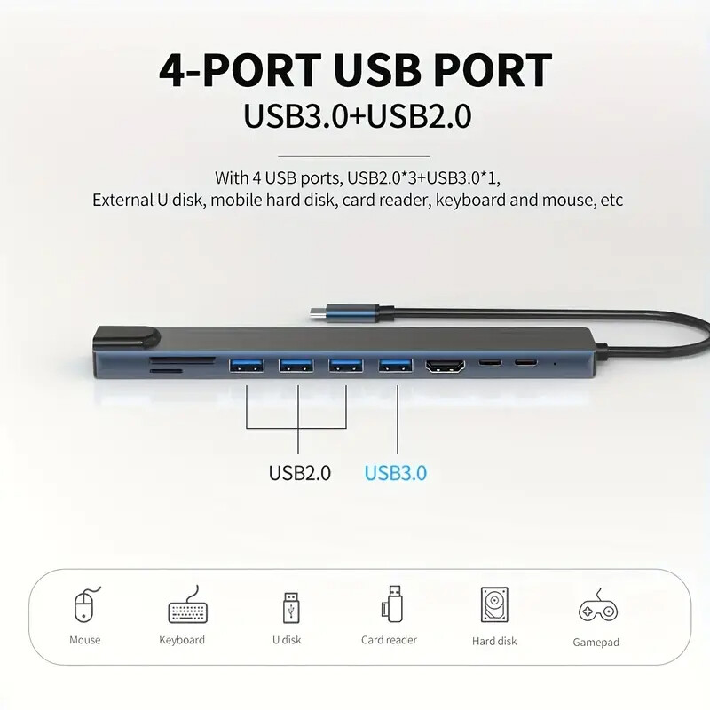 USB C šakotuvas 4K 30 Hz C tipo su HDTV suderinamas su USB 3.0 adapteris 10 viename C tipo šakotuvo prijungimo stotis PD 100 W USB C skirstytuvas, skirtas MacBoo
