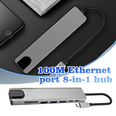 8-in-1 paplašināšanas dokstacija RJ45 SD/TF kartes slots USB2.0 pārraides HDMI adapteris Ātra uzlāde klēpjdatoram 100m