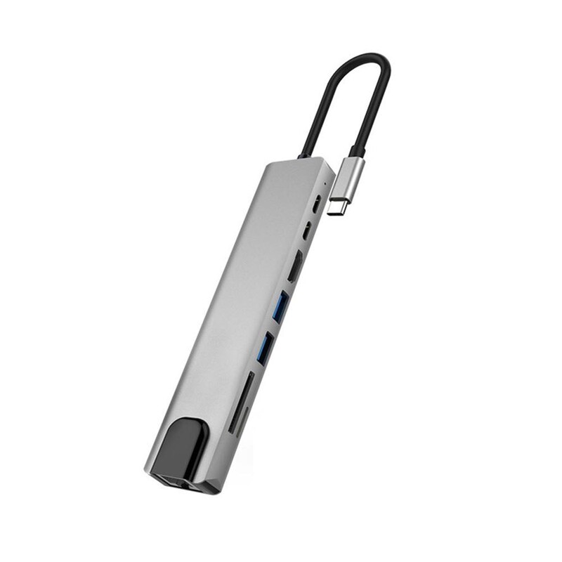 Rozširujúca dokovacia stanica 8 v 1, slot pre SD/TF kartu RJ45, prenos USB 2.0, HDMI adaptér, rýchle nabíjanie pre notebook 100 m