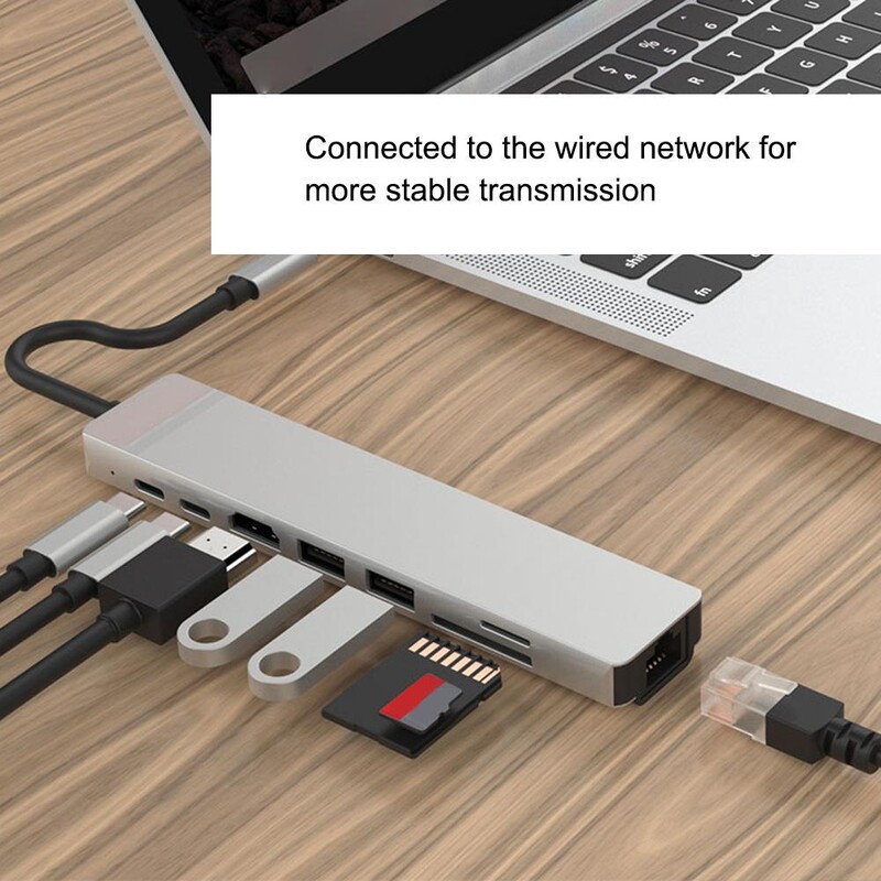 Rozširujúca dokovacia stanica 8 v 1, slot pre SD/TF kartu RJ45, prenos USB 2.0, HDMI adaptér, rýchle nabíjanie pre notebook 100 m