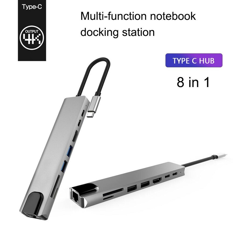 Rozširujúca dokovacia stanica 8 v 1, slot pre SD/TF kartu RJ45, prenos USB 2.0, HDMI adaptér, rýchle nabíjanie pre notebook 100 m