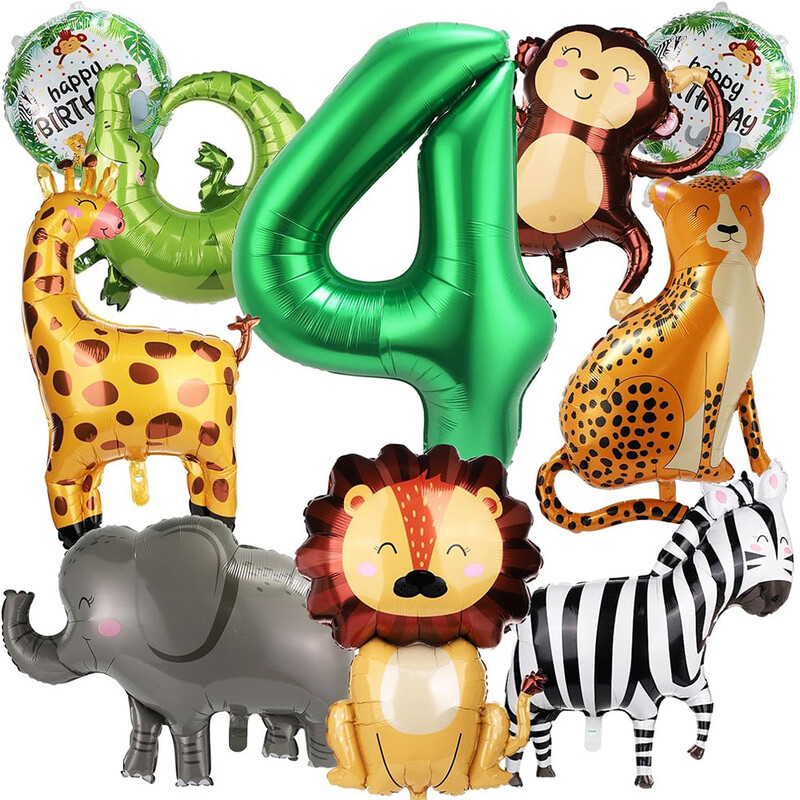 10 dzsungel vadállat léggömb, aranyos dzsungel témájú állatkerti parti kellékek majom elefánt zebra leopárdmintás krokodil zsiráf forma, születésnapi parti viseletre