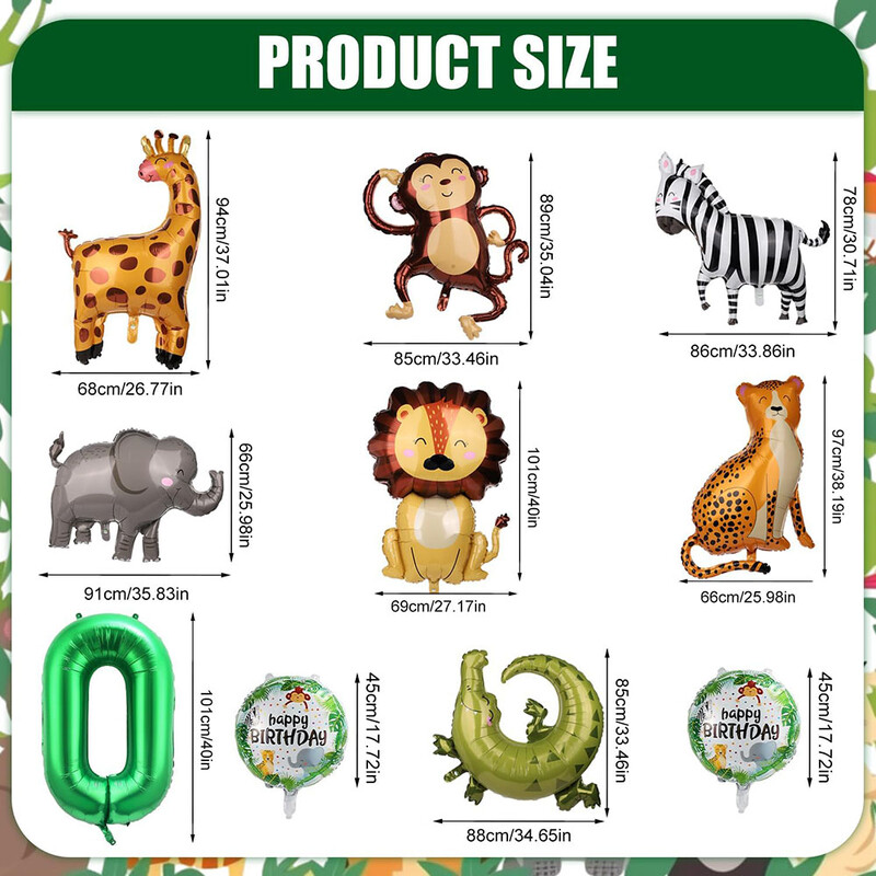 10 dzsungel vadállat léggömb, aranyos dzsungel témájú állatkerti parti kellékek majom elefánt zebra leopárdmintás krokodil zsiráf forma, születésnapi parti viseletre