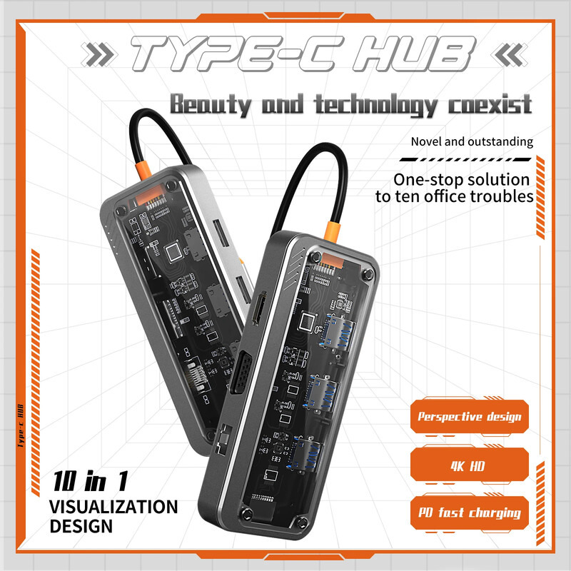 Basix 10 in 1 USB C HUB 4K30Hz doko stotis Type C su HDMI suderinama RJ45 Ethernet PD100W, skirta MacBook iPad Huawei Sumsang telefonui