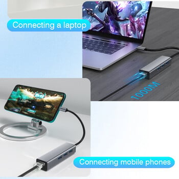 Σταθμός σύνδεσης USB C HUB Τύπος C σε RJ45 Προσαρμογέας Ethernet 1000Mbps USB3.0 HUB Κάρτα δικτύου Gigabit φόρτιση 100W Επέκταση βάσης