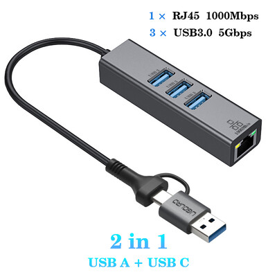 USB C HUB Docking Station de tip C la RJ45 1000Mbps Adaptor Ethernet Placă de rețea Gigabit HUB USB3.0 Extensie de andocare de încărcare 100W